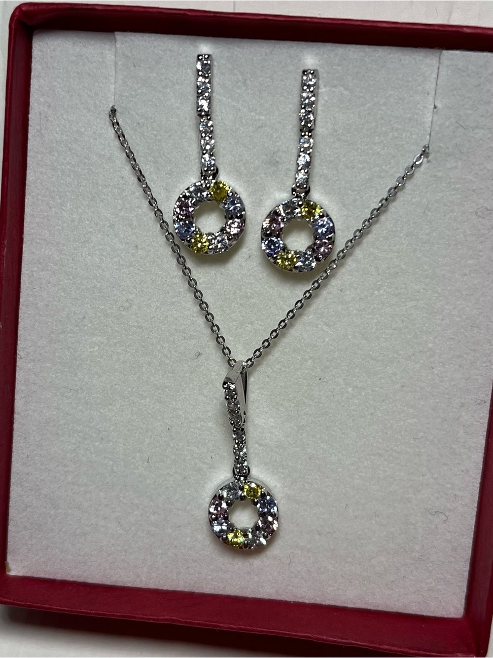 Sterling Silver Multicolor Circle Pendant Necklace & Earrings Set